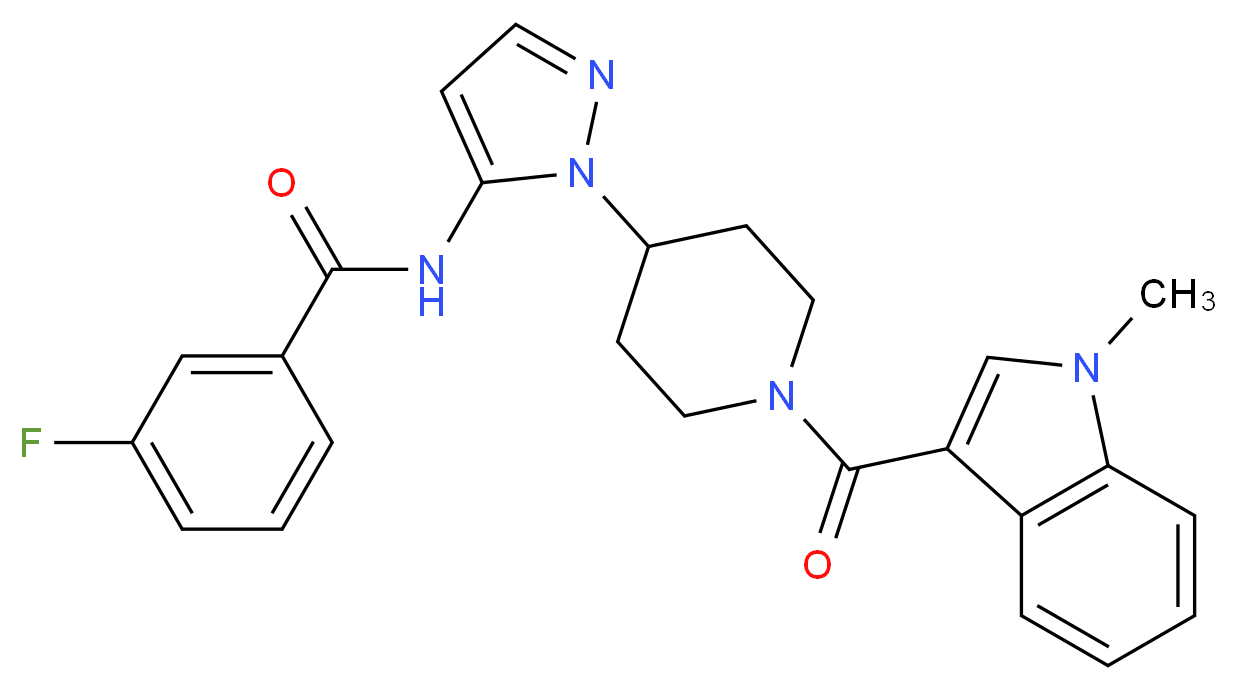 3-fluoro-N-(1-{1-[(1-methyl-1H-indol-3-yl)carbonyl]-4-piperidinyl}-1H-pyrazol-5-yl)benzamide_分子结构_CAS_)
