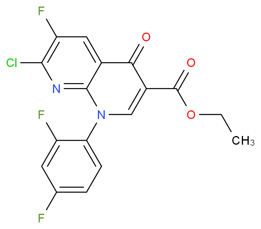 ethyl 7-chloro-1-(2,4-difluorophenyl)-6-fluoro-4-oxo-1,4-dihydro-1,8-naphthyridine-3-carboxylate_分子结构_CAS_100491-29-0