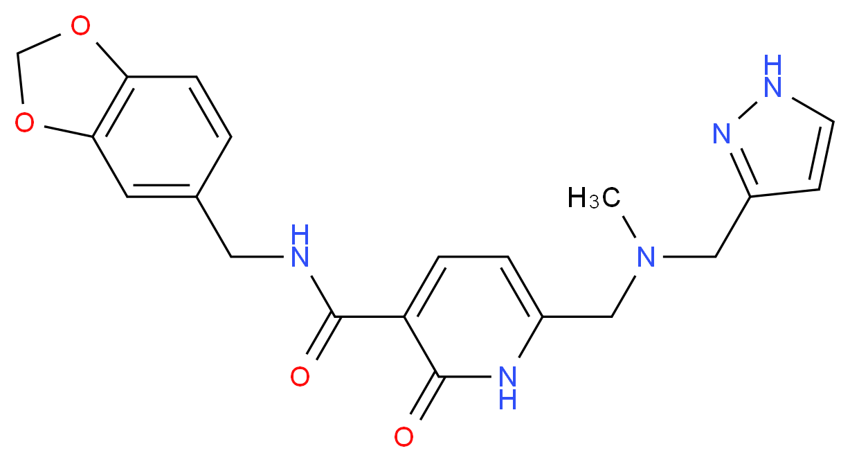N-(1,3-benzodioxol-5-ylmethyl)-6-{[methyl(1H-pyrazol-3-ylmethyl)amino]methyl}-2-oxo-1,2-dihydropyridine-3-carboxamide_分子结构_CAS_)