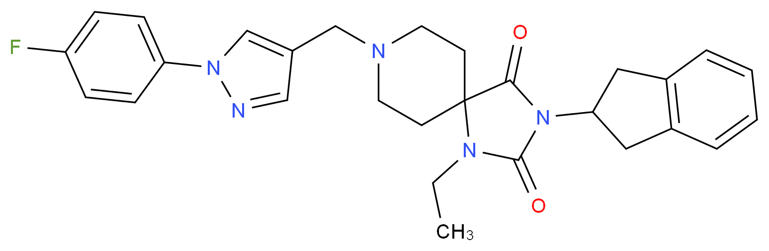 3-(2,3-dihydro-1H-inden-2-yl)-1-ethyl-8-{[1-(4-fluorophenyl)-1H-pyrazol-4-yl]methyl}-1,3,8-triazaspiro[4.5]decane-2,4-dione_分子结构_CAS_)