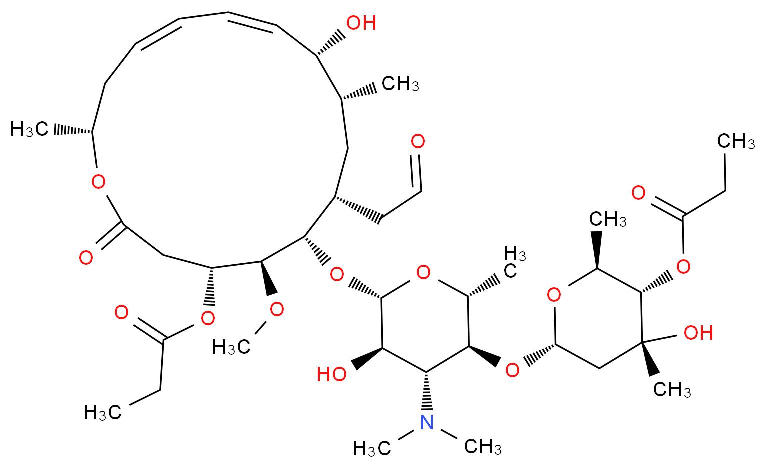 (2S,3S,4R,6S)-6-{[(2R,3S,4R,5R,6S)-4-(dimethylamino)-5-hydroxy-6-{[(4R,5S,6S,7R,9R,10R,11E,13E,16R)-10-hydroxy-5-methoxy-9,16-dimethyl-2-oxo-7-(2-oxoethyl)-4-(propanoyloxy)-1-oxacyclohexadeca-11,13-dien-6-yl]oxy}-2-methyloxan-3-yl]oxy}-4-hydroxy-2,4-dimethyloxan-3-yl propanoate_分子结构_CAS_35457-80-8