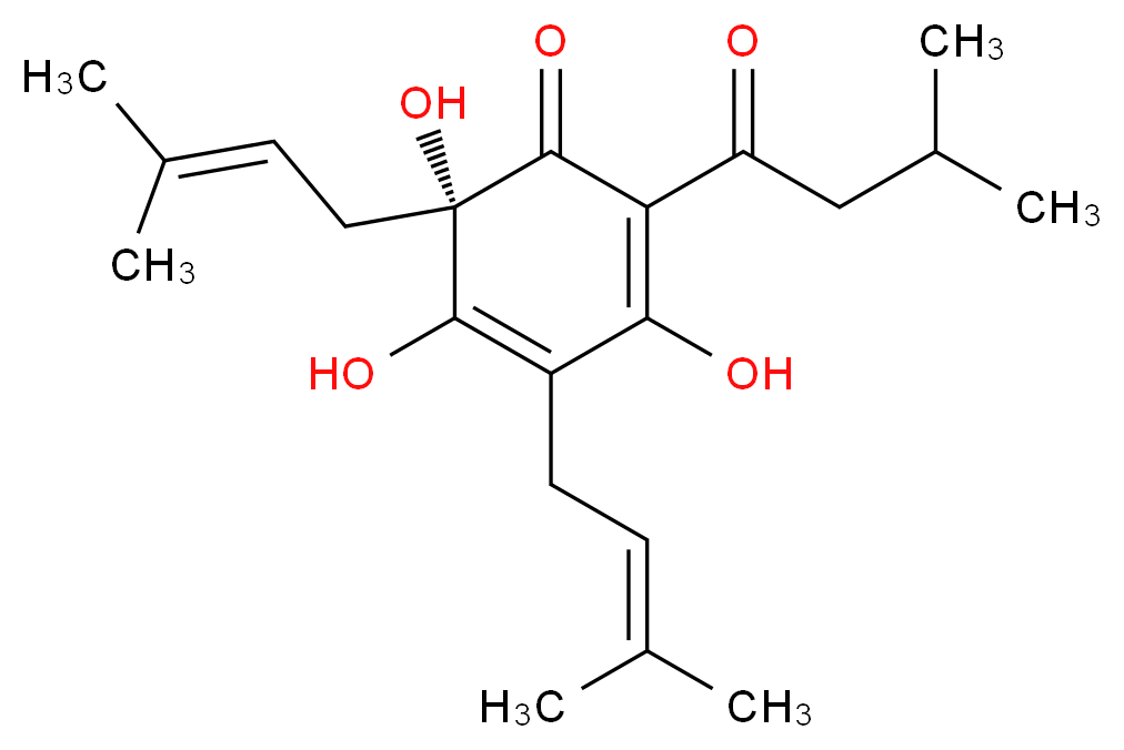 (6S)-3,5,6-trihydroxy-4,6-bis(3-methylbut-2-en-1-yl)-2-(3-methylbutanoyl)cyclohexa-2,4-dien-1-one_分子结构_CAS_26472-41-3