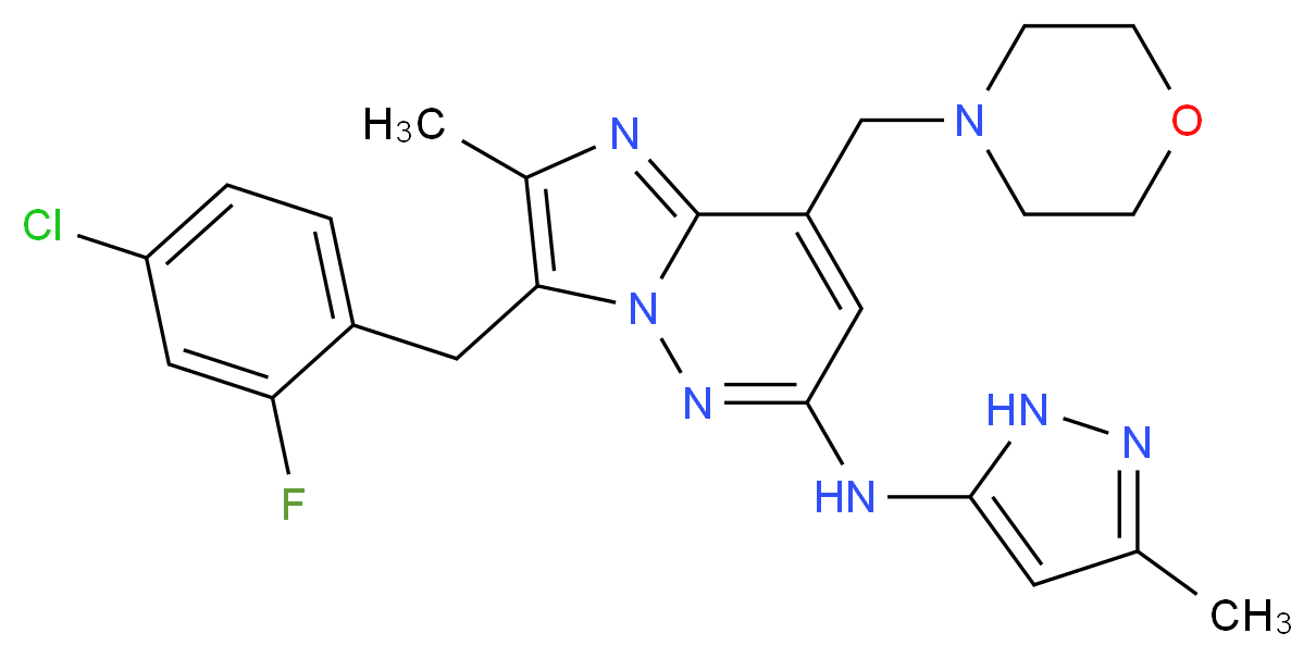 N-{3-[(4-chloro-2-fluorophenyl)methyl]-2-methyl-8-(morpholin-4-ylmethyl)imidazo[1,2-b]pyridazin-6-yl}-3-methyl-1H-pyrazol-5-amine_分子结构_CAS_1229236-86-5