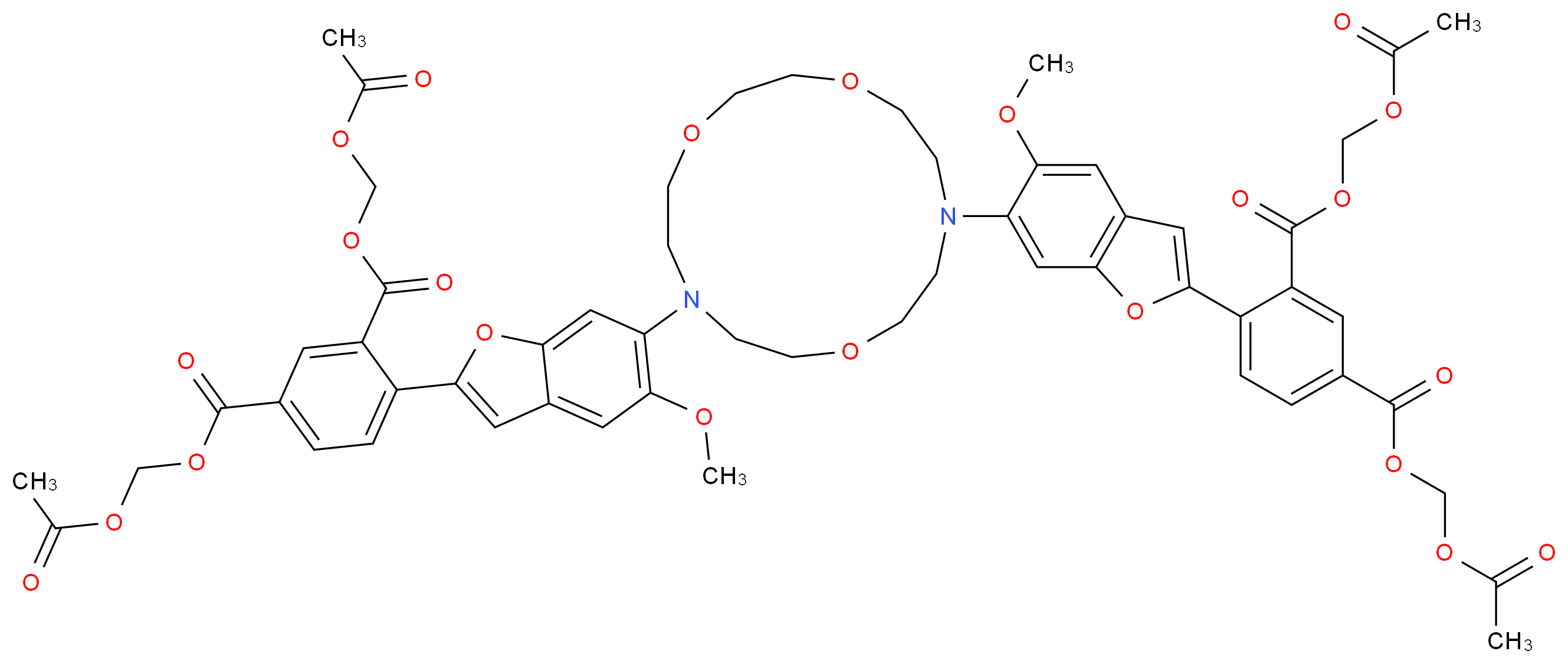 (5-{[(acetyloxy)methoxy]carbonyl}-2-(6-{13-[2-(2,4-di{[(acetyloxy)methoxy]carbonyl}phenyl)-5-methoxy-1-benzofuran-6-yl]-1,4,10-trioxa-7,13-diazacyclopentadecan-7-yl}-5-methoxy-1-benzofuran-2-yl)benzoyloxy)methyl acetate_分子结构_CAS_129423-53-6