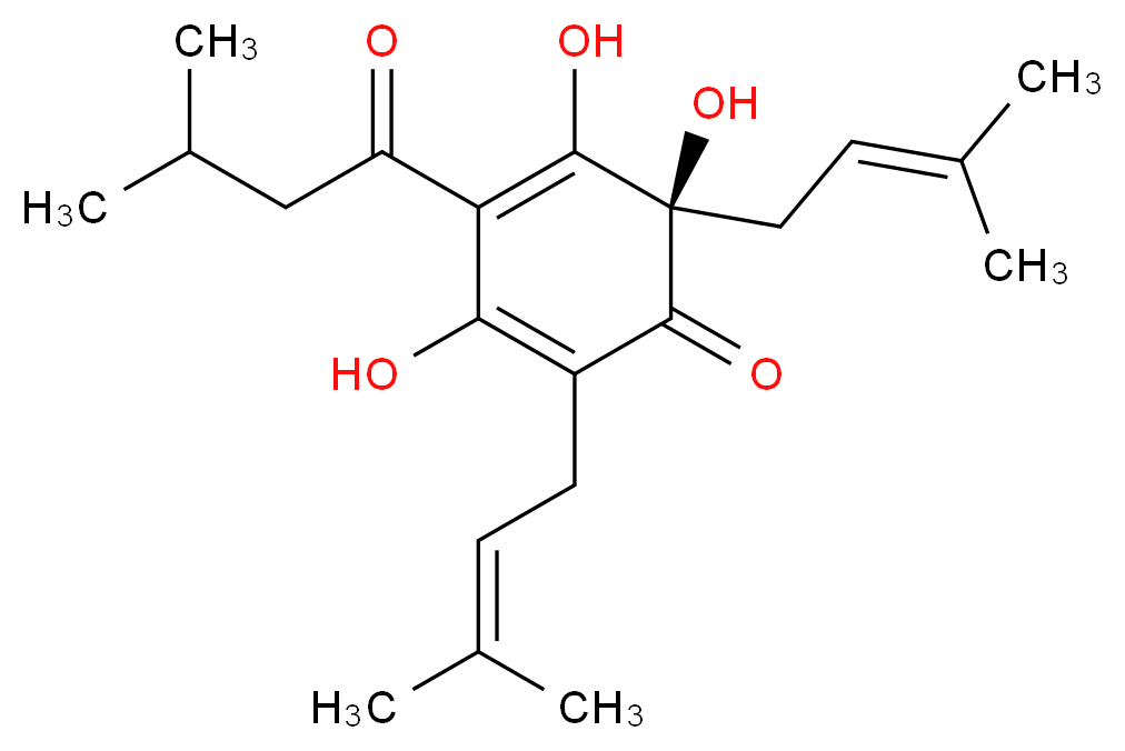 (6R)-3,5,6-trihydroxy-2,6-bis(3-methylbut-2-en-1-yl)-4-(3-methylbutanoyl)cyclohexa-2,4-dien-1-one_分子结构_CAS_26472-41-3