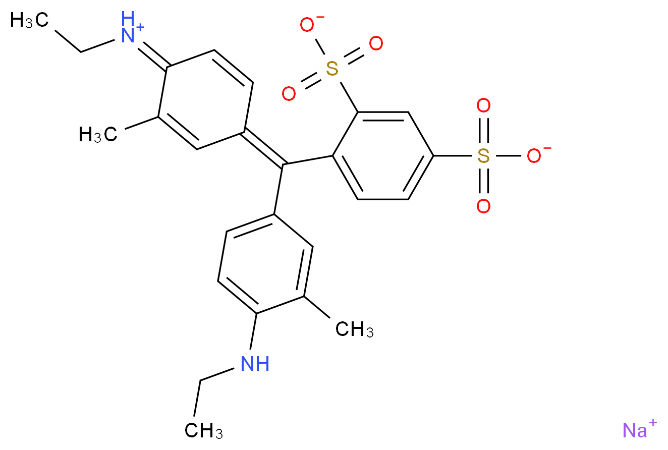 sodium 4-{[4-(ethylamino)-3-methylphenyl][(1E,4Z)-4-(ethyliminiumyl)-3-methylcyclohexa-2,5-dien-1-ylidene]methyl}benzene-1,3-disulfonate_分子结构_CAS_2650-17-1