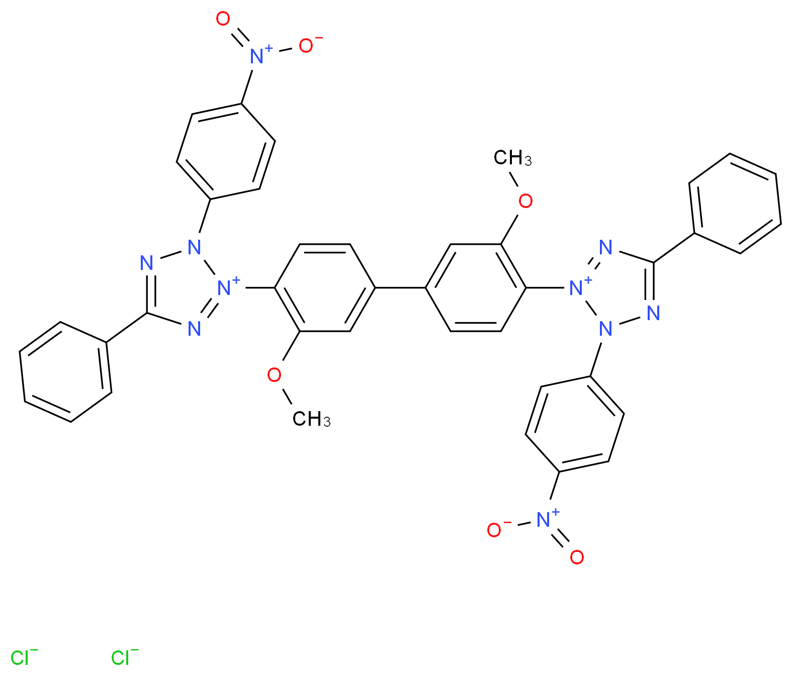 2-(2-methoxy-4-{3-methoxy-4-[3-(4-nitrophenyl)-5-phenyl-3H-1,2$l^{5},3,4-tetrazol-2-ylium-2-yl]phenyl}phenyl)-3-(4-nitrophenyl)-5-phenyl-3H-1,2$l^{5},3,4-tetrazol-2-ylium dichloride_分子结构_CAS_298-83-9