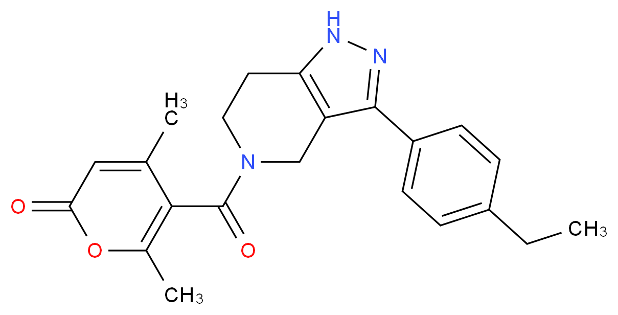 5-{[3-(4-ethylphenyl)-1,4,6,7-tetrahydro-5H-pyrazolo[4,3-c]pyridin-5-yl]carbonyl}-4,6-dimethyl-2H-pyran-2-one_分子结构_CAS_)