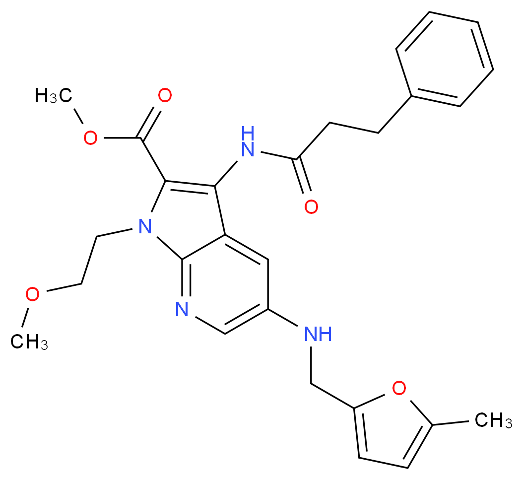methyl 1-(2-methoxyethyl)-5-{[(5-methyl-2-furyl)methyl]amino}-3-[(3-phenylpropanoyl)amino]-1H-pyrrolo[2,3-b]pyridine-2-carboxylate_分子结构_CAS_)