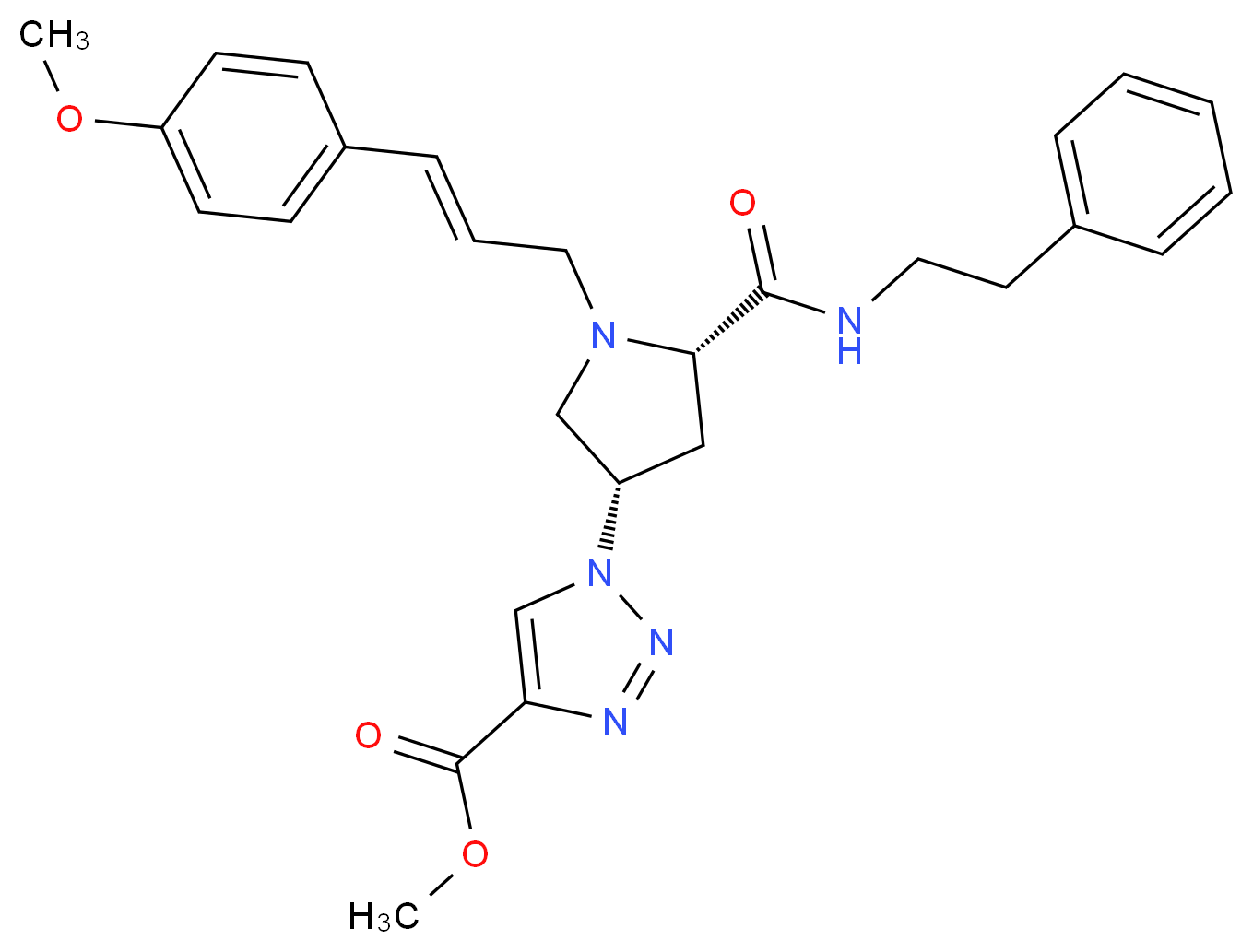 methyl 1-((3S,5S)-1-[(2E)-3-(4-methoxyphenyl)-2-propen-1-yl]-5-{[(2-phenylethyl)amino]carbonyl}-3-pyrrolidinyl)-1H-1,2,3-triazole-4-carboxylate_分子结构_CAS_)