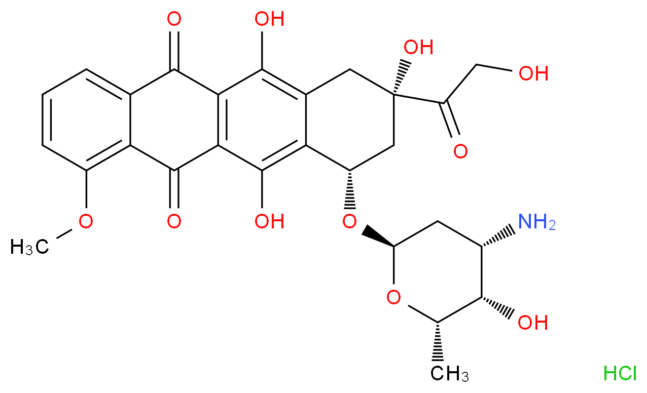 (8S,10S)-10-{[(2R,4S,5S,6S)-4-amino-5-hydroxy-6-methyloxan-2-yl]oxy}-6,8,11-trihydroxy-8-(2-hydroxyacetyl)-1-methoxy-5,7,8,9,10,12-hexahydrotetracene-5,12-dione hydrochloride_分子结构_CAS_25316-40-9