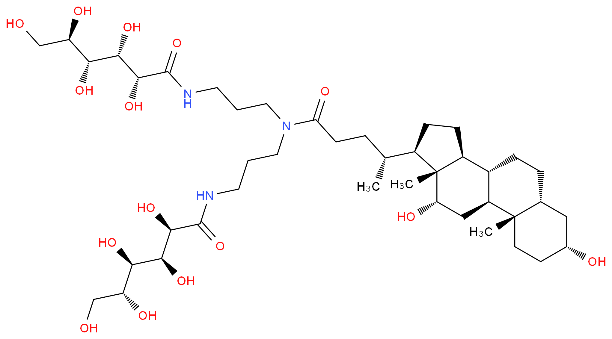 (2R,3S,4R,5R)-N-{3-[(4R)-4-[(1S,2S,5R,7R,10R,11S,14R,15R,16S)-5,16-dihydroxy-2,15-dimethyltetracyclo[8.7.0.0^{2,7}.0^{11,15}]heptadecan-14-yl]-N-{3-[(2R,3S,4R,5R)-2,3,4,5,6-pentahydroxyhexanamido]propyl}pentanamido]propyl}-2,3,4,5,6-pentahydroxyhexanamide_分子结构_CAS_86303-23-3