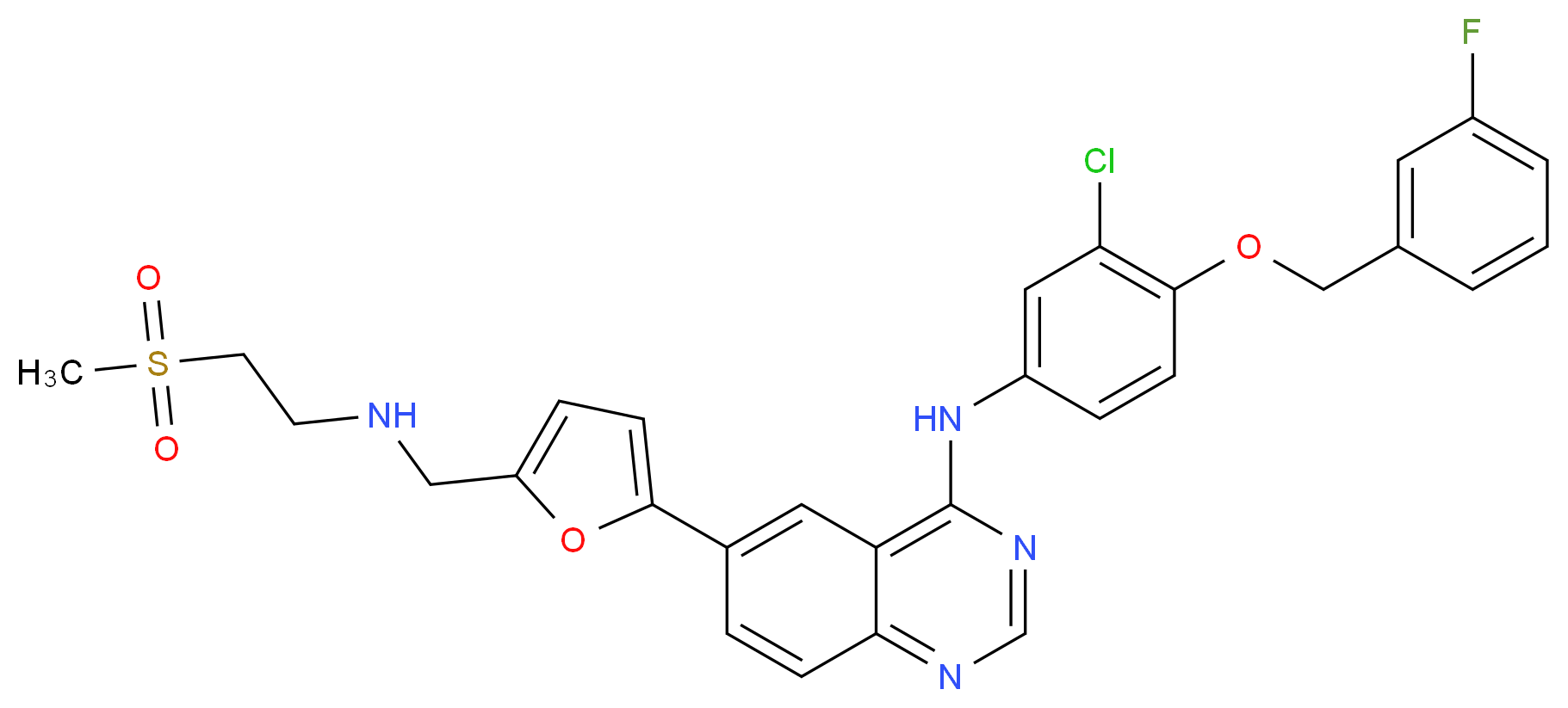 N-{3-chloro-4-[(3-fluorophenyl)methoxy]phenyl}-6-(5-{[(2-methanesulfonylethyl)amino]methyl}furan-2-yl)quinazolin-4-amine_分子结构_CAS_388082-78-8