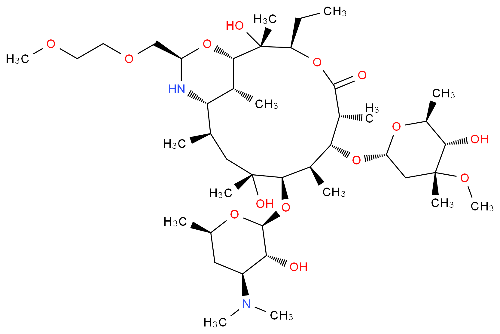 (1S,2R,3R,6R,7R,8R,9R,10R,12R,13S,15R,17R)-9-{[(2S,3R,4S,6R)-4-(dimethylamino)-3-hydroxy-6-methyloxan-2-yl]oxy}-3-ethyl-2,10-dihydroxy-7-{[(2R,4R,5S,6S)-5-hydroxy-4-methoxy-4,6-dimethyloxan-2-yl]oxy}-15-[(2-methoxyethoxy)methyl]-2,6,8,10,12,17-hexamethyl-4,16-dioxa-14-azabicyclo[11.3.1]heptadecan-5-one_分子结构_CAS_62013-04-1