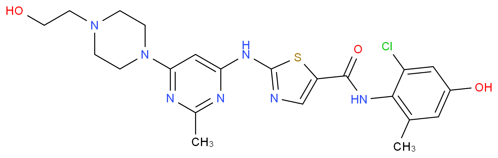N-(2-chloro-4-hydroxy-6-methylphenyl)-2-({6-[4-(2-hydroxyethyl)piperazin-1-yl]-2-methylpyrimidin-4-yl}amino)-1,3-thiazole-5-carboxamide_分子结构_CAS_910297-57-3