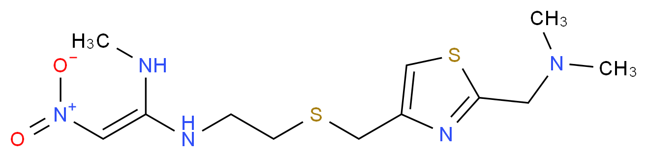 dimethyl[(4-{[(2-{[(E)-1-(methylamino)-2-nitroethenyl]amino}ethyl)sulfanyl]methyl}-1,3-thiazol-2-yl)methyl]amine_分子结构_CAS_76963-41-2