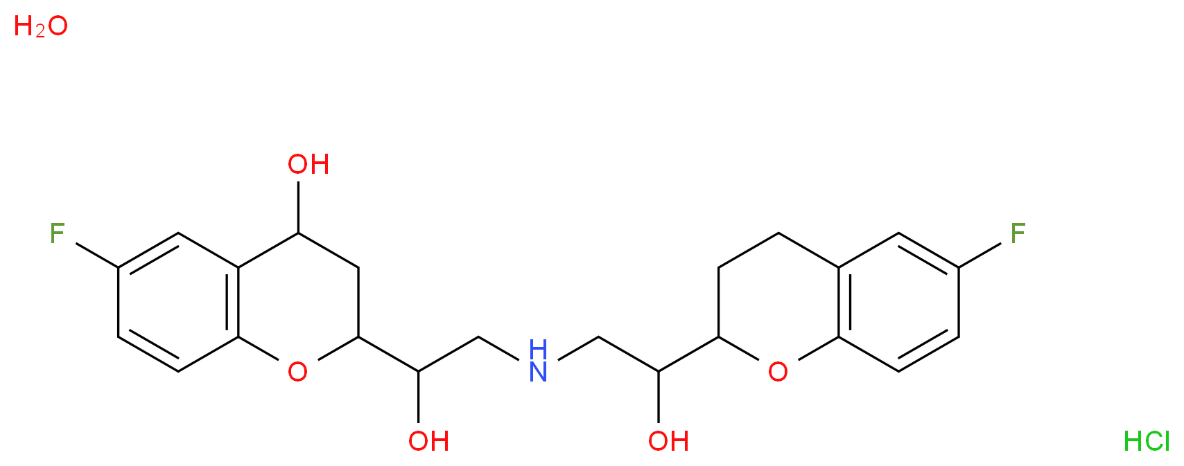 6-fluoro-2-(2-{[2-(6-fluoro-3,4-dihydro-2H-1-benzopyran-2-yl)-2-hydroxyethyl]amino}-1-hydroxyethyl)-3,4-dihydro-2H-1-benzopyran-4-ol hydrate hydrochloride_分子结构_CAS_178383-76-1