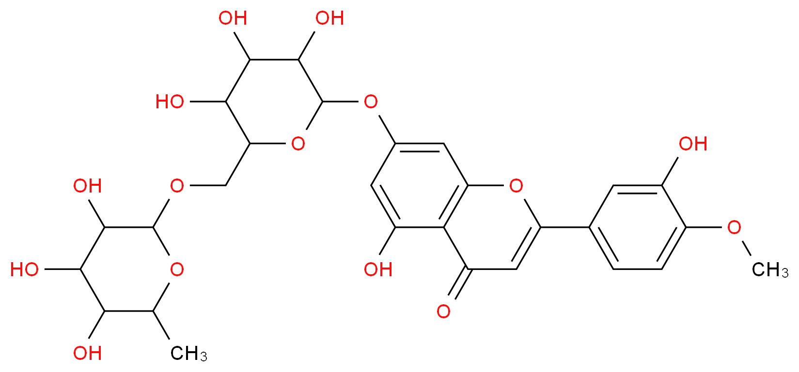 5-hydroxy-2-(3-hydroxy-4-methoxyphenyl)-7-[(3,4,5-trihydroxy-6-{[(3,4,5-trihydroxy-6-methyloxan-2-yl)oxy]methyl}oxan-2-yl)oxy]-4H-chromen-4-one_分子结构_CAS_520-27-4