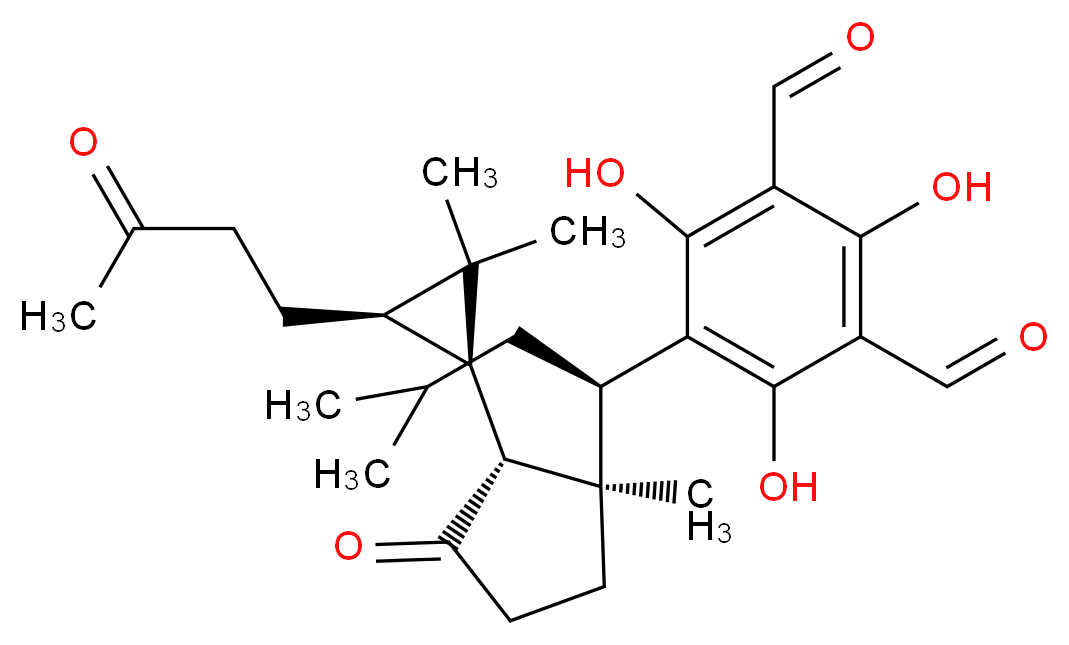 5-[(1R)-1-[(1R,2R)-2-[(1R,3R)-2,2-dimethyl-3-(3-oxobutyl)cyclopropyl]-1-methyl-3-oxocyclopentyl]-3-methylbutyl]-2,4,6-trihydroxybenzene-1,3-dicarbaldehyde_分子结构_CAS_221899-09-8