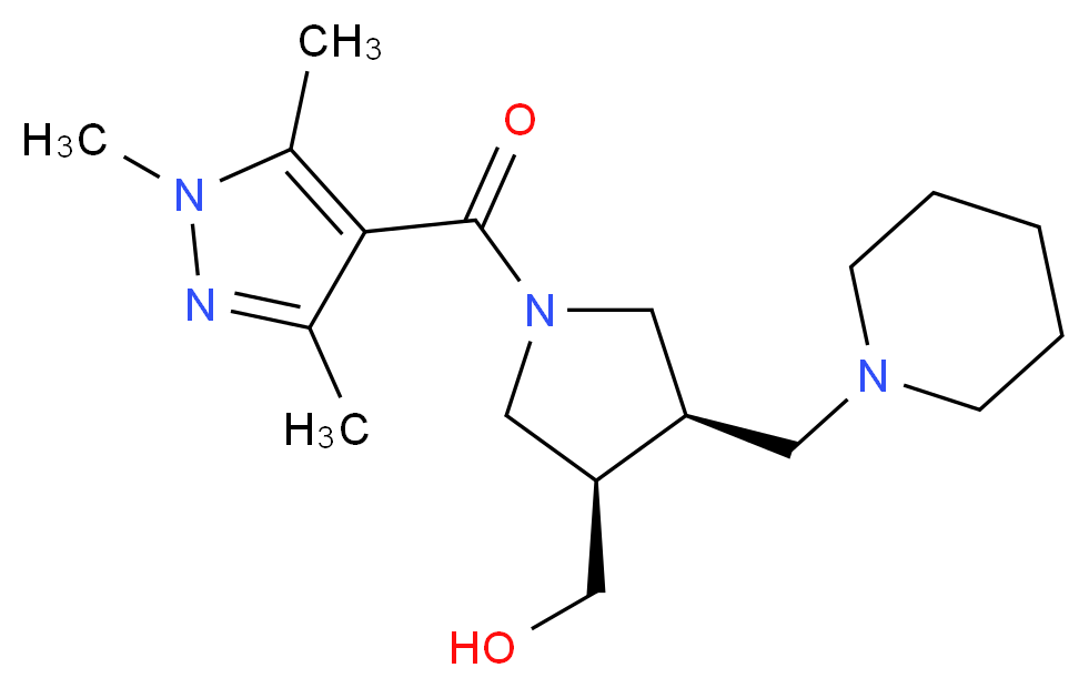 {(3R*,4R*)-4-(piperidin-1-ylmethyl)-1-[(1,3,5-trimethyl-1H-pyrazol-4-yl)carbonyl]pyrrolidin-3-yl}methanol_分子结构_CAS_)