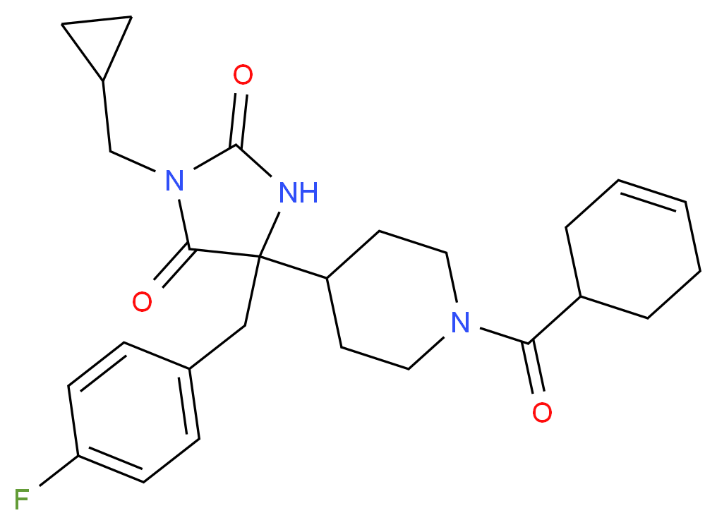 5-[1-(3-cyclohexen-1-ylcarbonyl)-4-piperidinyl]-3-(cyclopropylmethyl)-5-(4-fluorobenzyl)-2,4-imidazolidinedione_分子结构_CAS_)