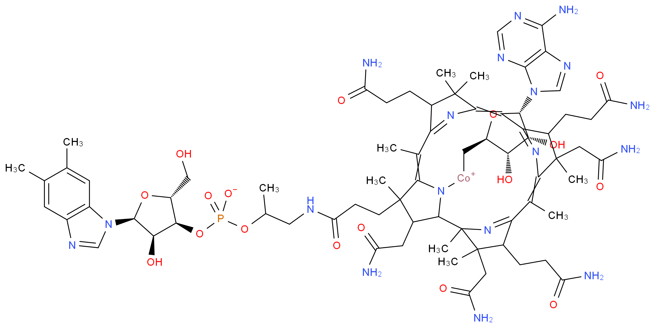 {[(2S,3S,4R,5S)-5-(6-amino-9H-purin-9-yl)-3,4-dihydroxyoxolan-2-yl]methyl}[4,9,14-tris(2-carbamoylethyl)-3,8,19-tris(carbamoylmethyl)-18-{2-[(2-{[(2R,3S,4R,5S)-5-(5,6-dimethyl-1H-1,3-benzodiazol-1-yl)-4-hydroxy-2-(hydroxymethyl)oxolan-3-yl phosphonato]oxy}propyl)carbamoyl]ethyl}-2,3,6,8,13,13,16,18-octamethyl-20,21,22,23-tetraazapentacyclo[15.2.1.1<sup>2</sup>,<sup>5</sup>.1<sup>7</sup>,<sup>1</sup><sup>0</sup>.1<sup>1</sup><sup>2</sup>,<sup>1</sup><sup>5</sup>]tricosa-5(23),6,10(22),11,15(21),16-hexaen-20-yl]cobaltylium_分子结构_CAS_13870-90-1