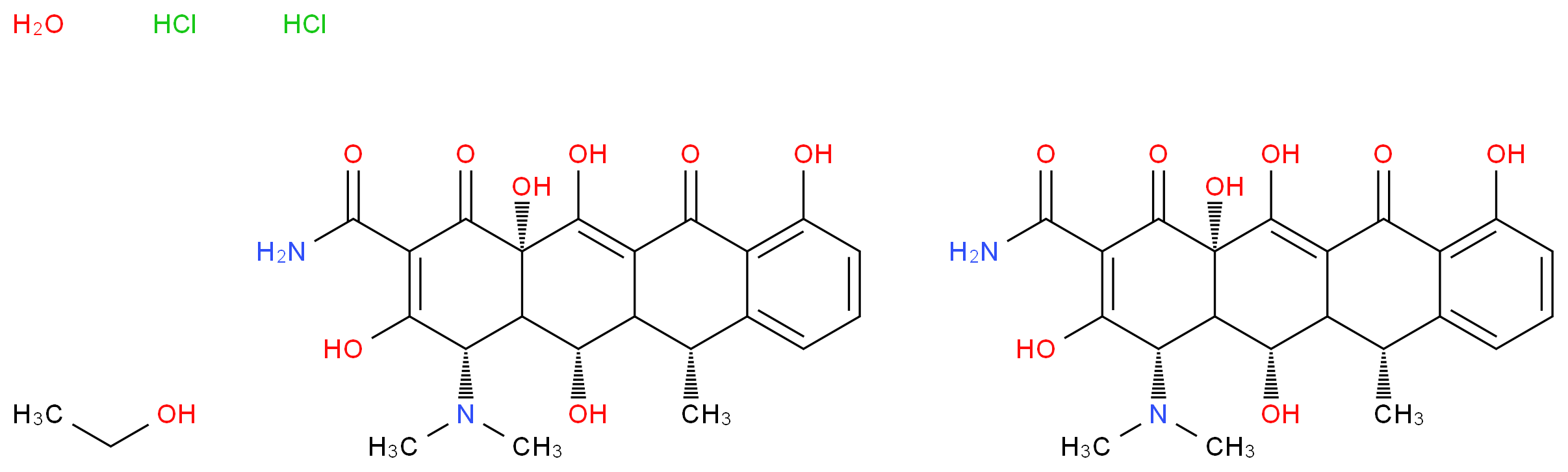 bis((4S,5S,6R,12aS)-4-(dimethylamino)-3,5,10,12,12a-pentahydroxy-6-methyl-1,11-dioxo-1,4,4a,5,5a,6,11,12a-octahydrotetracene-2-carboxamide) ethanol hydrate dihydrochloride_分子结构_CAS_24390-14-5