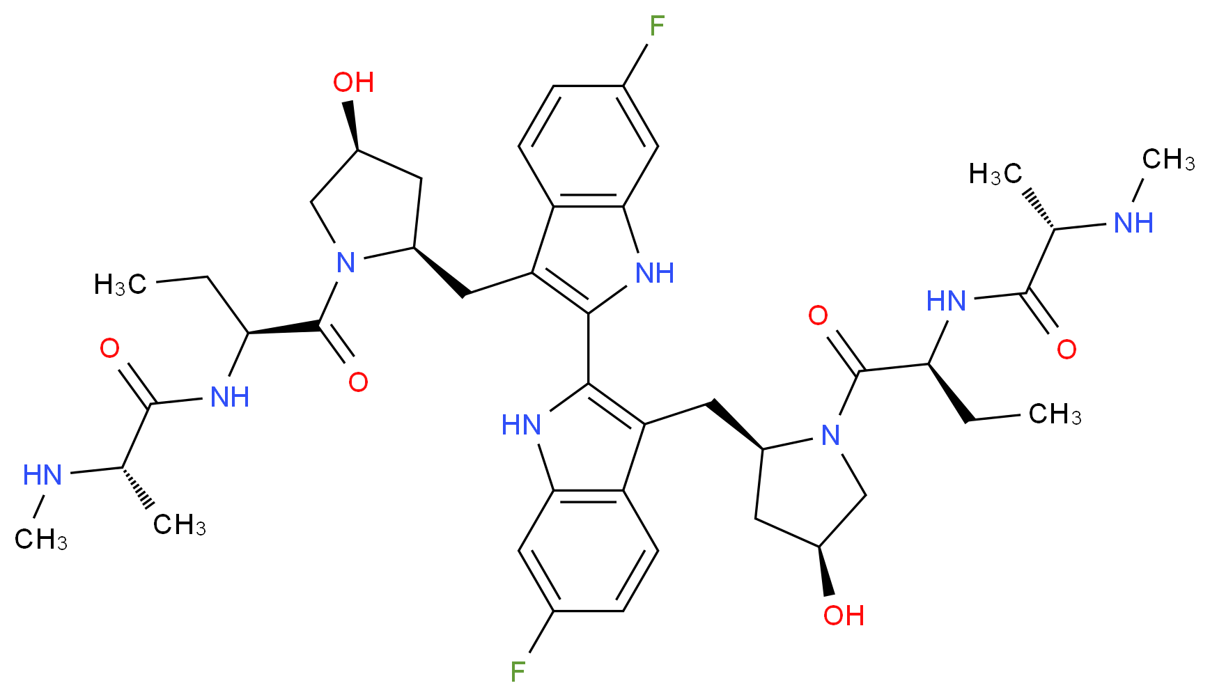 (2S)-N-[(2S)-1-[(2R,4S)-2-{[6-fluoro-2-(6-fluoro-3-{[(2R,4S)-4-hydroxy-1-[(2S)-2-[(2S)-2-(methylamino)propanamido]butanoyl]pyrrolidin-2-yl]methyl}-1H-indol-2-yl)-1H-indol-3-yl]methyl}-4-hydroxypyrrolidin-1-yl]-1-oxobutan-2-yl]-2-(methylamino)propanamide_分子结构_CAS_1260251-31-7