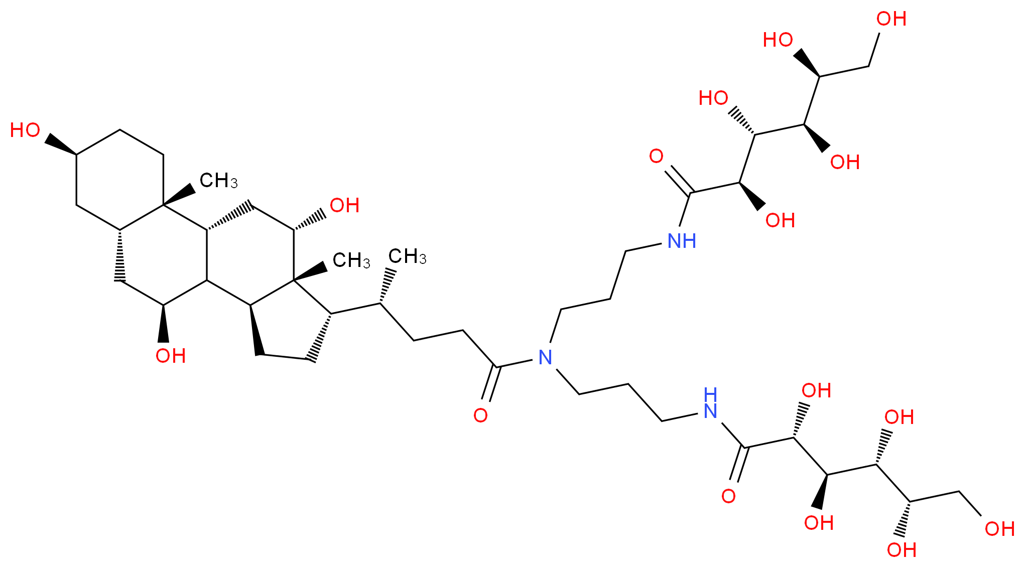 (2R,3R,4R,5S)-2,3,4,5,6-pentahydroxy-N-{3-[(4R)-N-{3-[(2R,3R,4R,5S)-2,3,4,5,6-pentahydroxyhexanamido]propyl}-4-[(1R,2S,5S,7S,9S,10S,11S,14S,15R,16S)-5,9,16-trihydroxy-2,15-dimethyltetracyclo[8.7.0.0^{2,7}.0^{11,15}]heptadecan-14-yl]pentanamido]propyl}hexanamide_分子结构_CAS_86303-22-2