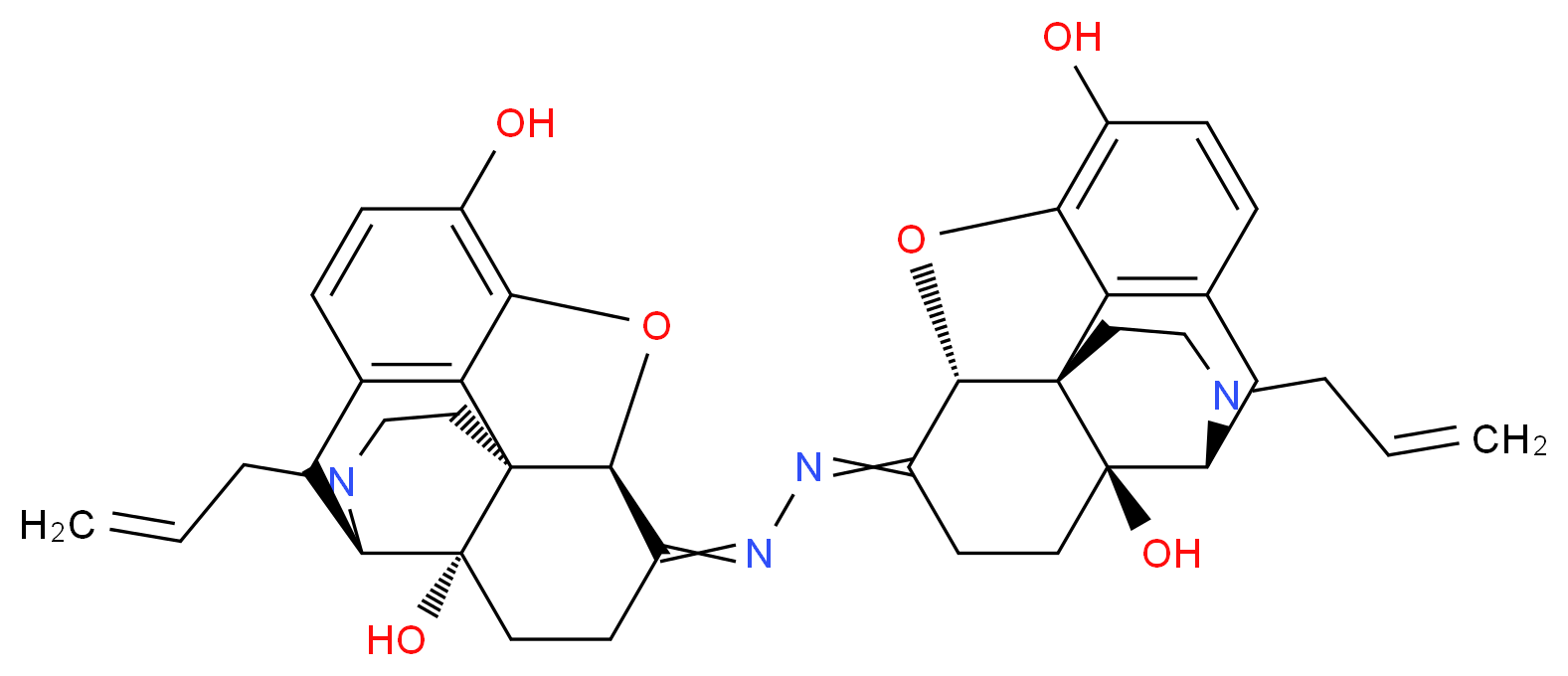 (1S,5R,13R,17S)-14-{2-[(1S,5R,13R,17S)-10,17-dihydroxy-4-(prop-2-en-1-yl)-12-oxa-4-azapentacyclo[9.6.1.0<sup>1</sup>,<sup>1</sup><sup>3</sup>.0<sup>5</sup>,<sup>1</sup><sup>7</sup>.0<sup>7</sup>,<sup>1</sup><sup>8</sup>]octadeca-7(18),8,10-trien-14-ylidene]hydrazin-1-ylidene}-4-(prop-2-en-1-yl)-12-oxa-4-azapentacyclo[9.6.1.0<sup>1</sup>,<sup>1</sup><sup>3</sup>.0<sup>5</sup>,<sup>1</sup><sup>7</sup>.0<sup>7</sup>,<sup>1</sup><sup>8</sup>]octadeca-7(18),8,10-triene-10,17-diol_分子结构_CAS_82824-01-9
