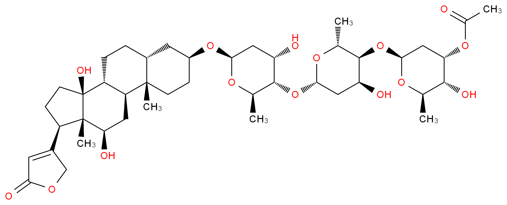 (2R,3R,4S,6S)-6-{[(2R,3S,4S,6S)-6-{[(2R,3S,4S,6R)-6-{[(1S,2S,5S,7R,10R,11S,14R,15S,16R)-11,16-dihydroxy-2,15-dimethyl-14-(5-oxo-2,5-dihydrofuran-3-yl)tetracyclo[8.7.0.0<sup>2</sup>,<sup>7</sup>.0<sup>1</sup><sup>1</sup>,<sup>1</sup><sup>5</sup>]heptadecan-5-yl]oxy}-4-hydroxy-2-methyloxan-3-yl]oxy}-4-hydroxy-2-methyloxan-3-yl]oxy}-3-hydroxy-2-methyloxan-4-yl acetate_分子结构_CAS_5511-98-8