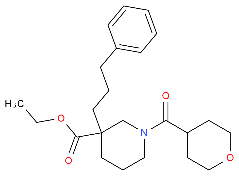ethyl 3-(3-phenylpropyl)-1-(tetrahydro-2H-pyran-4-ylcarbonyl)-3-piperidinecarboxylate_分子结构_CAS_)