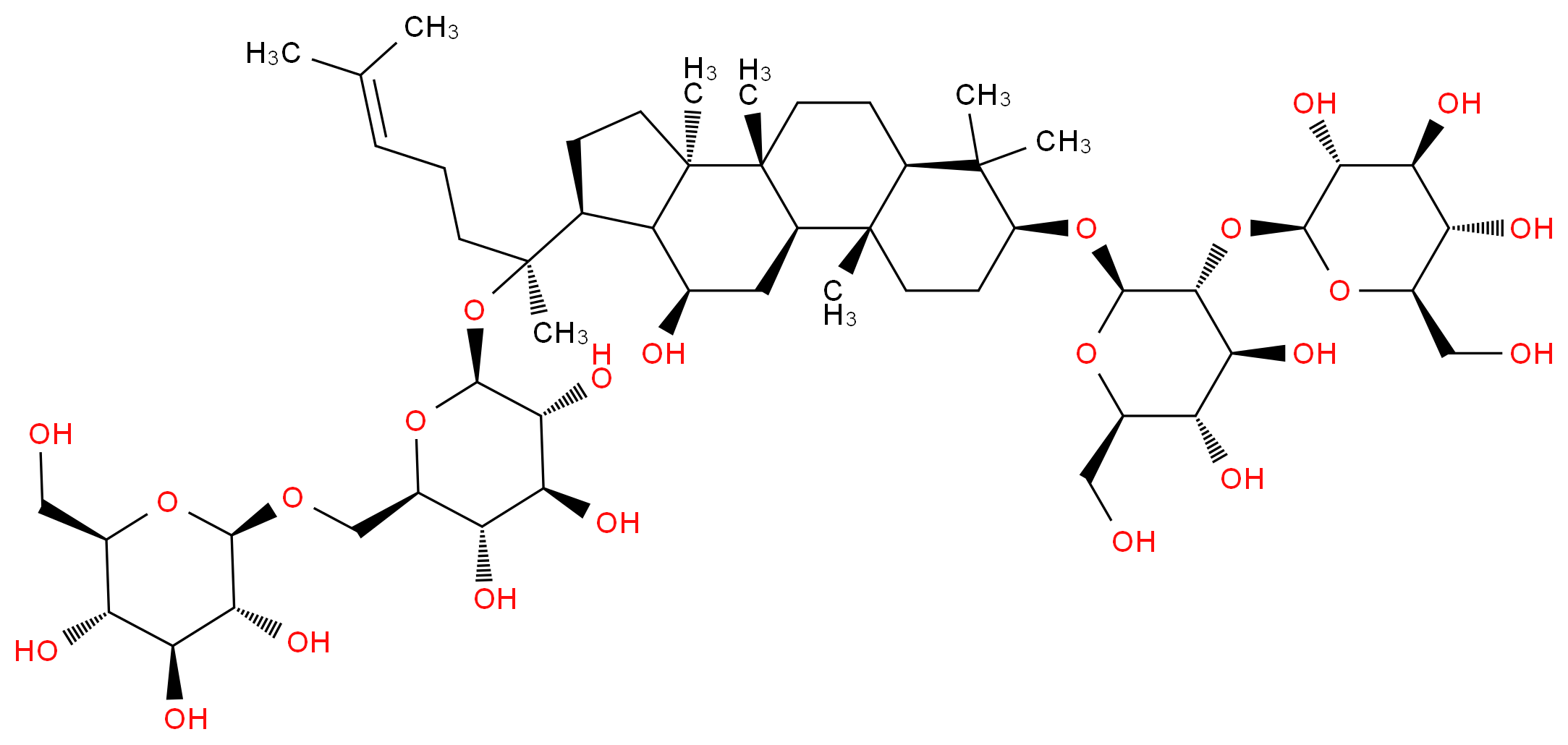 (2S,3R,4S,5S,6R)-2-{[(2R,3R,4S,5S,6R)-4,5-dihydroxy-2-{[(1R,2R,5S,7R,10R,11R,14S,15R,16R)-16-hydroxy-2,6,6,10,11-pentamethyl-14-[(2S)-6-methyl-2-{[(2S,3R,4S,5S,6R)-3,4,5-trihydroxy-6-({[(2R,3R,4S,5S,6R)-3,4,5-trihydroxy-6-(hydroxymethyl)oxan-2-yl]oxy}methyl)oxan-2-yl]oxy}hept-5-en-2-yl]tetracyclo[8.7.0.0^{2,7}.0^{11,15}]heptadecan-5-yl]oxy}-6-(hydroxymethyl)oxan-3-yl]oxy}-6-(hydroxymethyl)oxane-3,4,5-triol_分子结构_CAS_41753-43-9