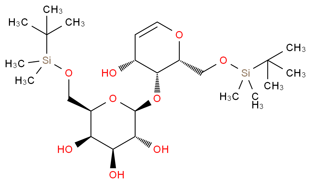 (2R,3R,4S,5R,6S)-2-{[(tert-butyldimethylsilyl)oxy]methyl}-6-{[(2R,3R,4R)-2-{[(tert-butyldimethylsilyl)oxy]methyl}-4-hydroxy-3,4-dihydro-2H-pyran-3-yl]oxy}oxane-3,4,5-triol_分子结构_CAS_142800-37-1