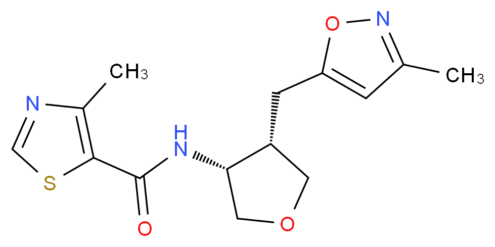 4-methyl-N-{(3R*,4S*)-4-[(3-methylisoxazol-5-yl)methyl]tetrahydrofuran-3-yl}-1,3-thiazole-5-carboxamide_分子结构_CAS_)