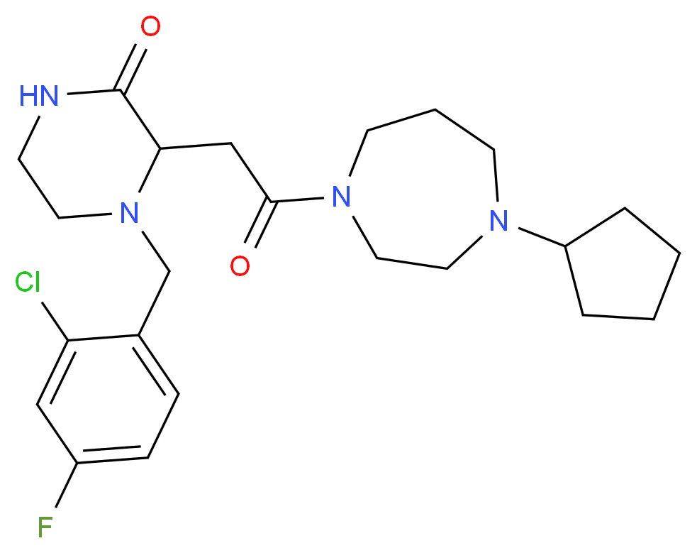4-(2-chloro-4-fluorobenzyl)-3-[2-(4-cyclopentyl-1,4-diazepan-1-yl)-2-oxoethyl]-2-piperazinone_分子结构_CAS_)