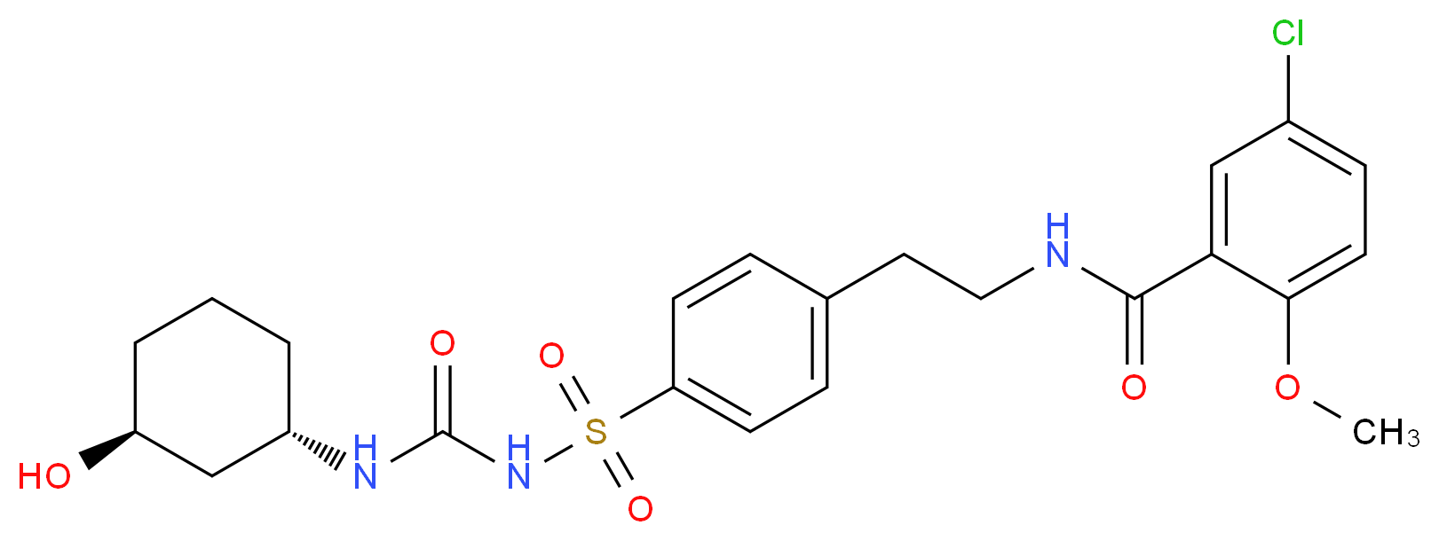 5-chloro-N-(2-{4-[({[(1S,3S)-3-hydroxycyclohexyl]carbamoyl}amino)sulfonyl]phenyl}ethyl)-2-methoxybenzamide_分子结构_CAS_586414-84-8
