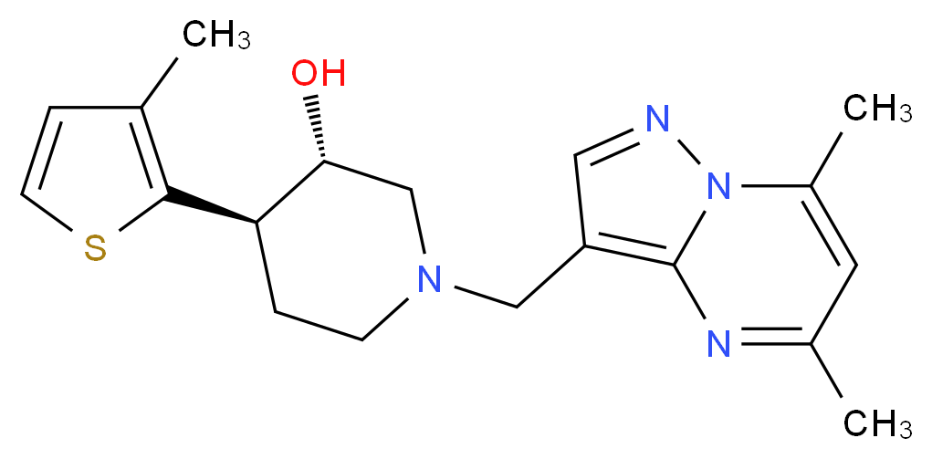 (3S*,4R*)-1-[(5,7-dimethylpyrazolo[1,5-a]pyrimidin-3-yl)methyl]-4-(3-methyl-2-thienyl)piperidin-3-ol_分子结构_CAS_)