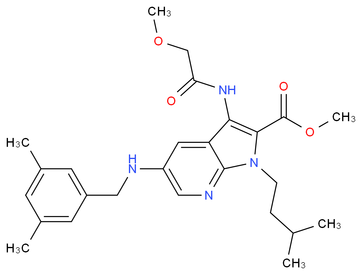 methyl 5-[(3,5-dimethylbenzyl)amino]-3-[(methoxyacetyl)amino]-1-(3-methylbutyl)-1H-pyrrolo[2,3-b]pyridine-2-carboxylate_分子结构_CAS_)