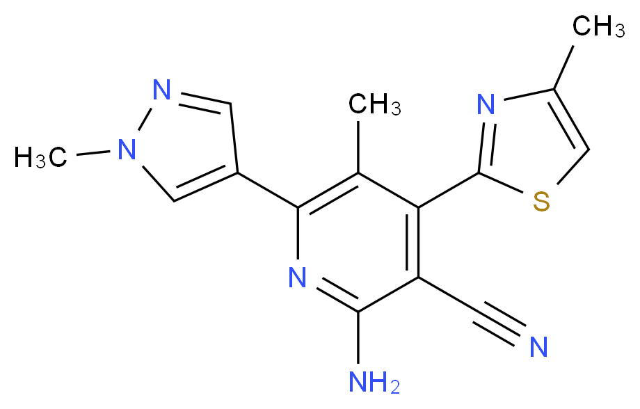 2-amino-5-methyl-6-(1-methyl-1H-pyrazol-4-yl)-4-(4-methyl-1,3-thiazol-2-yl)nicotinonitrile_分子结构_CAS_)