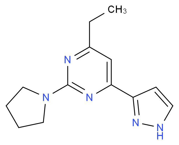 4-ethyl-6-(1H-pyrazol-3-yl)-2-(1-pyrrolidinyl)pyrimidine_分子结构_CAS_)