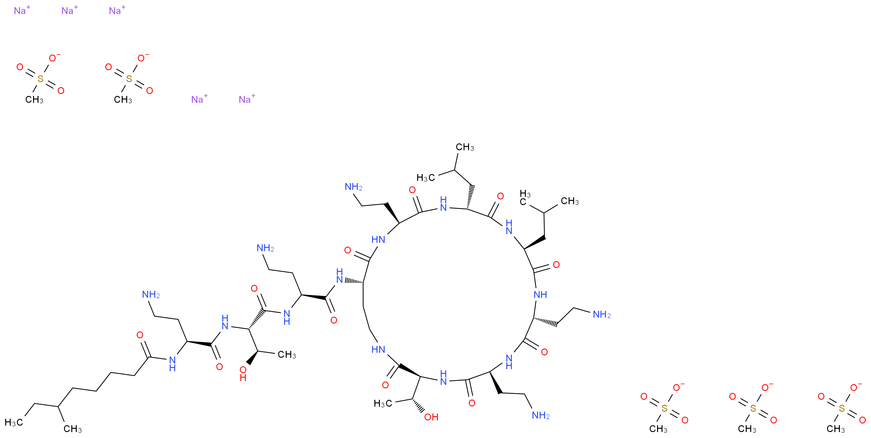pentasodium N-[(1S)-3-amino-1-{[(1S,2R)-1-{[(1S)-3-amino-1-{[(3S,6S,9R,12S,15R,18S,21S)-6,9,18-tris(2-aminoethyl)-3-[(1R)-1-hydroxyethyl]-12,15-bis(2-methylpropyl)-2,5,8,11,14,17,20-heptaoxo-1,4,7,10,13,16,19-heptaazacyclotricosan-21-yl]carbamoyl}propyl]carbamoyl}-2-hydroxypropyl]carbamoyl}propyl]-6-methyloctanamide pentamethanesulfonate_分子结构_CAS_8068-28-8