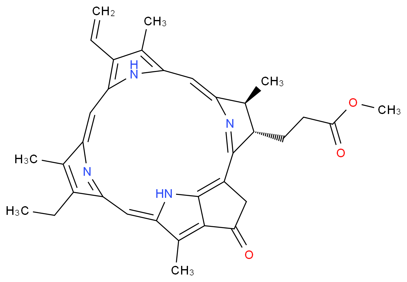 methyl 3-[(21S,22S)-16-ethenyl-11-ethyl-12,17,21,26-tetramethyl-4-oxo-7,23,24,25-tetraazahexacyclo[18.2.1.1<sup>5</sup>,<sup>8</sup>.1<sup>1</sup><sup>0</sup>,<sup>1</sup><sup>3</sup>.1<sup>1</sup><sup>5</sup>,<sup>1</sup><sup>8</sup>.0<sup>2</sup>,<sup>6</sup>]hexacosa-1(23),2(6),5(26),8,10(25),11,13,15,17,19-decaen-22-yl]propanoate_分子结构_CAS_6453-67-4