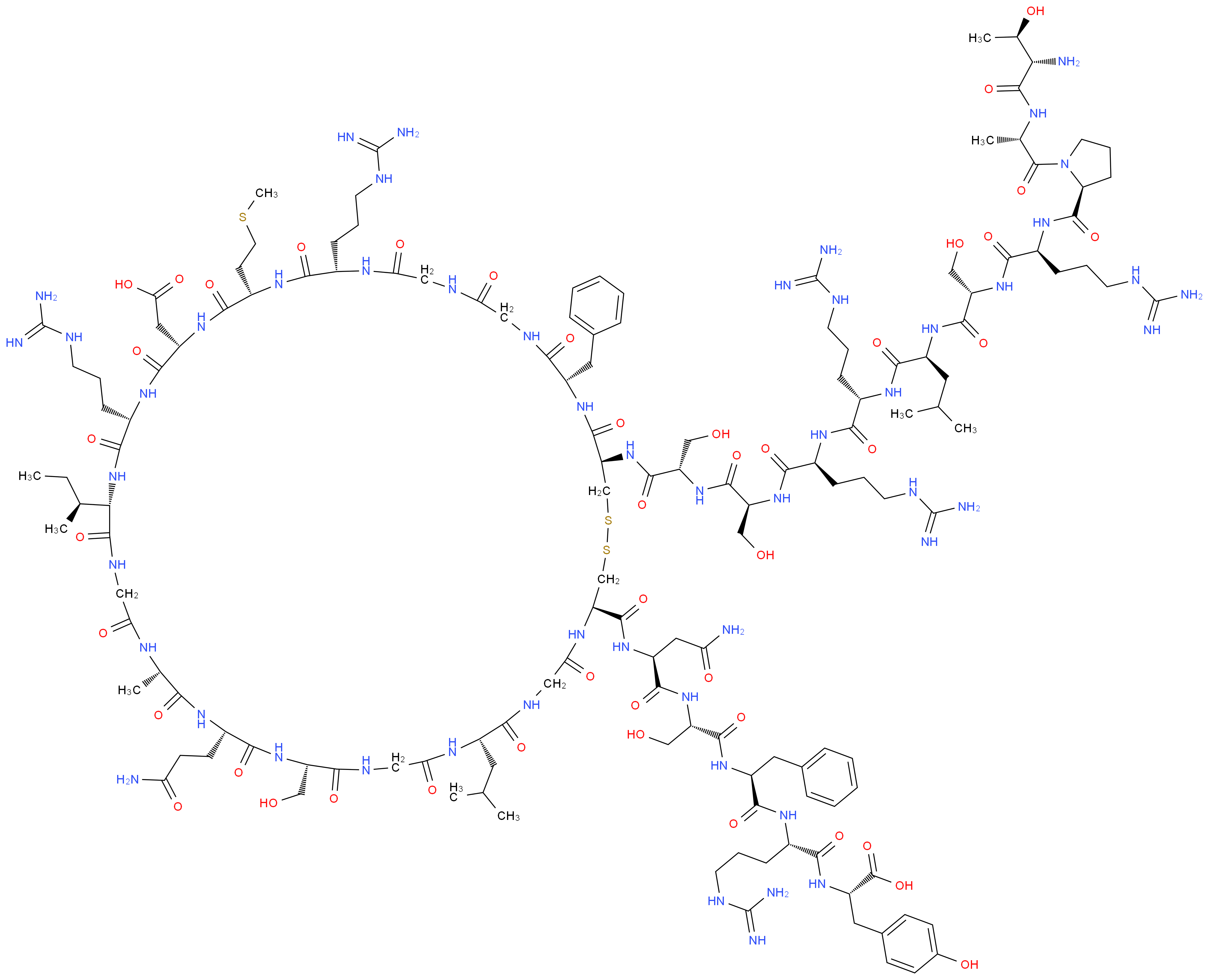 (2S)-2-[(2S)-2-[(2S)-2-[(2S)-2-[(2S)-2-{[(4R,10S,16S,19S,22S,28S,31S,34S,37S,40S,49S,52R)-52-[(2S)-2-[(2S)-2-[(2S)-2-[(2S)-2-[(2S)-2-[(2S)-2-[(2S)-2-{[(2S)-1-[(2S)-2-[(2S,3R)-2-amino-3-hydroxybutanamido]propanoyl]pyrrolidin-2-yl]formamido}-5-carbamimidamidopentanamido]-3-hydroxypropanamido]-4-methylpentanamido]-5-carbamimidamidopentanamido]-5-carbamimidamidopentanamido]-3-hydroxypropanamido]-3-hydroxypropanamido]-49-benzyl-28-[(2S)-butan-2-yl]-31,40-bis(3-carbamimidamidopropyl)-19-(2-carbamoylethyl)-34-(carboxymethyl)-16-(hydroxymethyl)-22-methyl-10-(2-methylpropyl)-37-[2-(methylsulfanyl)ethyl]-6,9,12,15,18,21,24,27,30,33,36,39,42,45,48,51-hexadecaoxo-1,2-dithia-5,8,11,14,17,20,23,26,29,32,35,38,41,44,47,50-hexadecaazacyclotripentacontan-4-yl]formamido}-3-carbamoylpropanamido]-3-hydroxypropanamido]-3-phenylpropanamido]-5-carbamimidamidopentanamido]-3-(4-hydroxyphenyl)propanoic acid_分子结构_CAS_115966-23-9