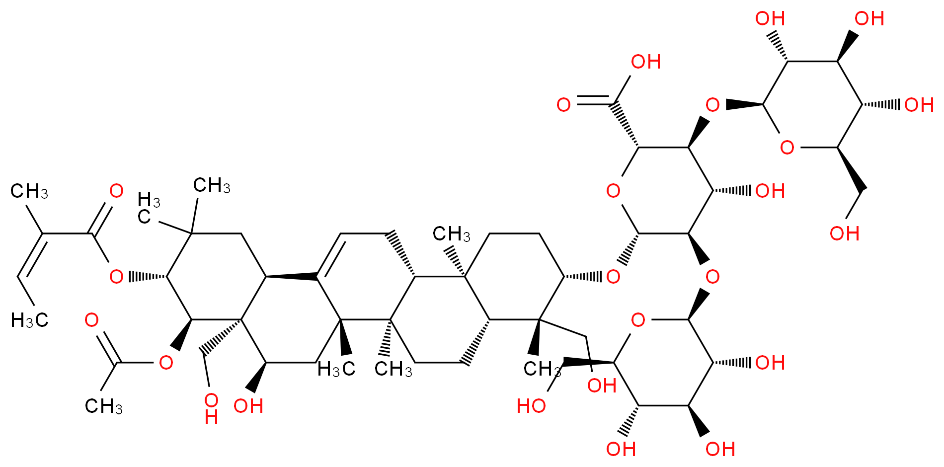 (2S,3S,4S,5R,6R)-6-{[(3S,4S,4aR,6aR,6bS,8R,8aR,9R,10R,12aS,14aR,14bR)-9-(acetyloxy)-8-hydroxy-4,8a-bis(hydroxymethyl)-4,6a,6b,11,11,14b-hexamethyl-10-{[(2Z)-2-methylbut-2-enoyl]oxy}-1,2,3,4,4a,5,6,6a,6b,7,8,8a,9,10,11,12,12a,14,14a,14b-icosahydropicen-3-yl]oxy}-4-hydroxy-3,5-bis({[(2S,3R,4S,5S,6R)-3,4,5-trihydroxy-6-(hydroxymethyl)oxan-2-yl]oxy})oxane-2-carboxylic acid_分子结构_CAS_11072-93-8