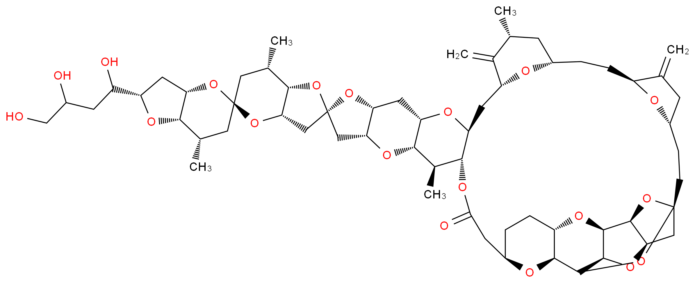 (1''S,2S,2'S,3''S,3aS,3'aS,5R,6''S,7S,7'S,7aS,7'aS,9''S,12''S,14''R,16''R,18''S,20''S,22''R,26''R,28''S,29''S,30''R,34''R,37''S,39''R,40''S,41''R,43''R,44''S)-7,7',14'',29''-tetramethyl-8'',15''-dimethylidene-2-(1,3,4-trihydroxybutyl)-decahydro-3'H-dispiro[bis(furo[3,2-b]pyran)-5,5':2',24''-[2,19,23,27,31,38,42,45,47,48,49]undecaoxundecacyclo[32.9.2.1<sup>3</sup>,<sup>4</sup><sup>0</sup>.1<sup>3</sup>,<sup>4</sup><sup>1</sup>.1<sup>6</sup>,<sup>9</sup>.1<sup>1</sup><sup>2</sup>,<sup>1</sup><sup>6</sup>.0<sup>1</sup><sup>8</sup>,<sup>3</sup><sup>0</sup>.0<sup>2</sup><sup>0</sup>,<sup>2</sup><sup>8</sup>.0<sup>2</sup><sup>2</sup>,<sup>2</sup><sup>6</sup>.0<sup>3</sup><sup>7</sup>,<sup>4</sup><sup>4</sup>.0<sup>3</sup><sup>9</sup>,<sup>4</sup><sup>3</sup>]nonatetracontane]-32''-one_分子结构_CAS_103614-76-2