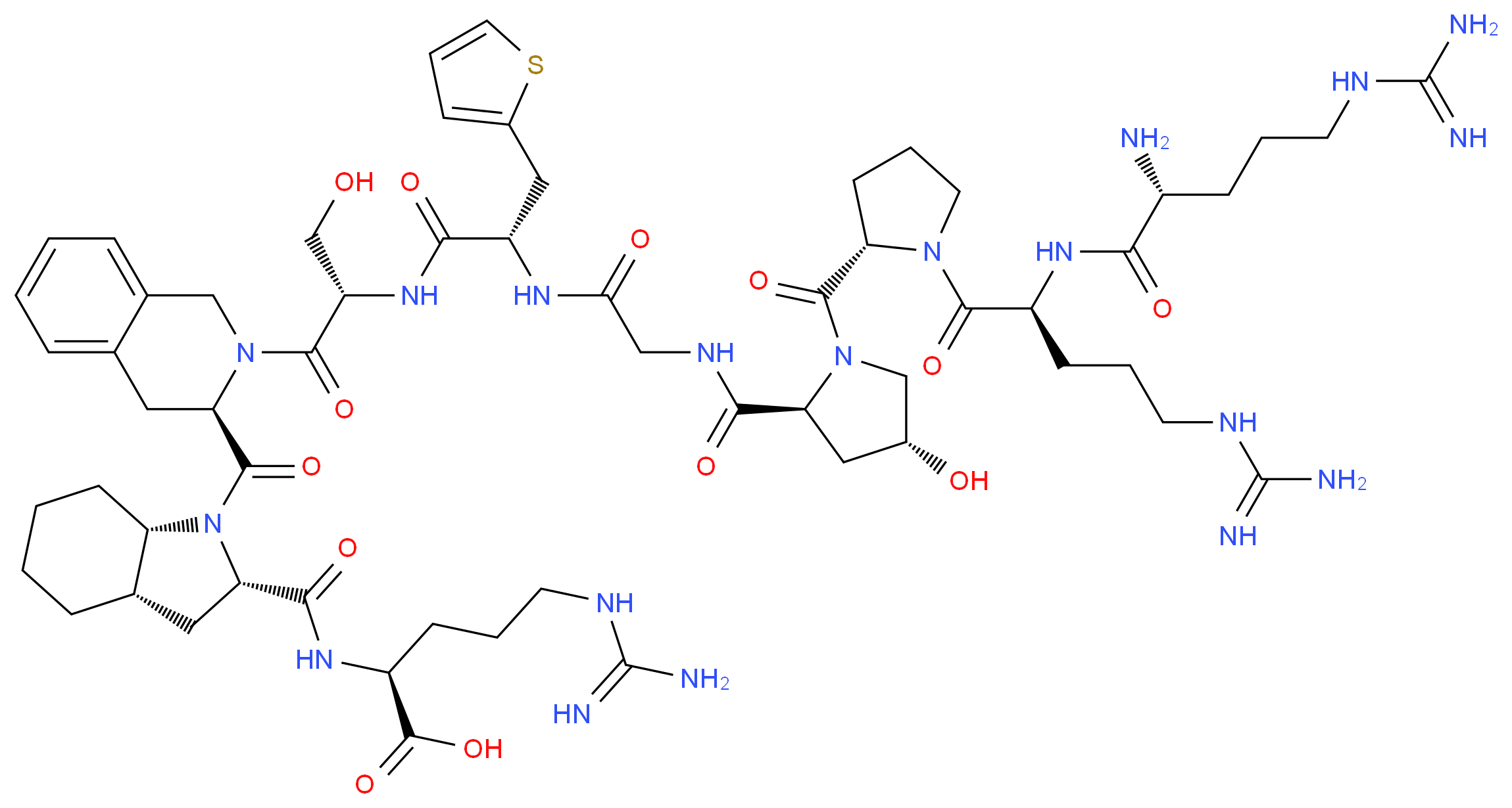 (2S)-2-{[(2S,3aS,7aS)-1-[(3R)-2-[(2S)-2-[(2S)-2-(2-{[(2S,4R)-1-[(2S)-1-[(2S)-2-[(2R)-2-amino-5-carbamimidamidopentanamido]-5-carbamimidamidopentanoyl]pyrrolidine-2-carbonyl]-4-hydroxypyrrolidin-2-yl]formamido}acetamido)-3-(thiophen-2-yl)propanamido]-3-hydroxypropanoyl]-1,2,3,4-tetrahydroisoquinoline-3-carbonyl]-octahydro-1H-indol-2-yl]formamido}-5-carbamimidamidopentanoic acid_分子结构_CAS_138614-30-9