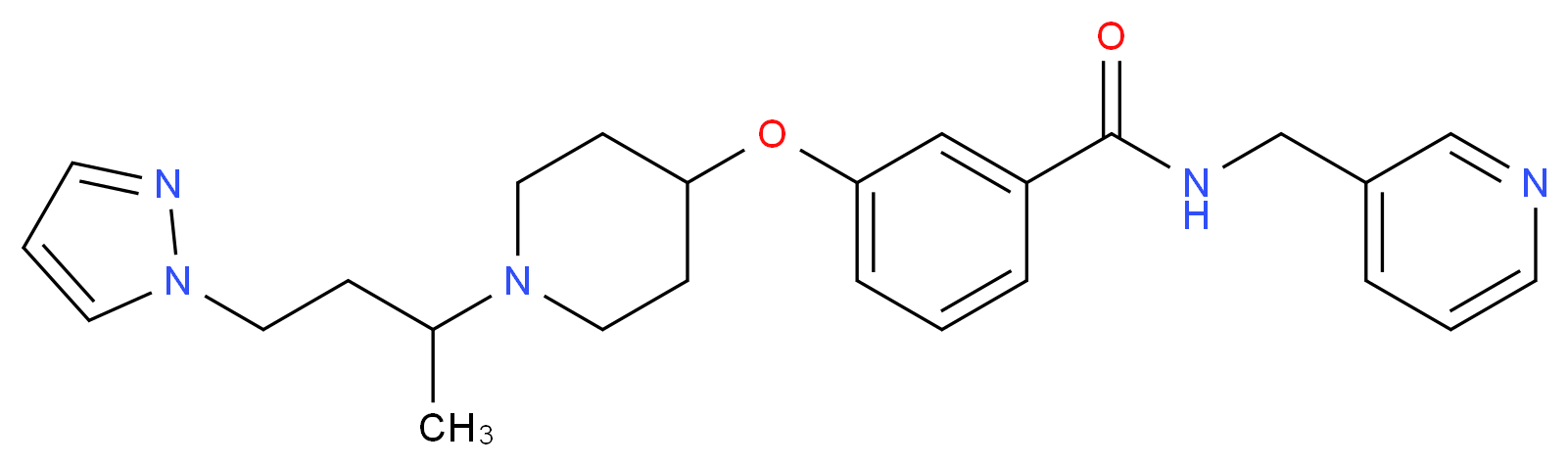 3-({1-[1-methyl-3-(1H-pyrazol-1-yl)propyl]-4-piperidinyl}oxy)-N-(3-pyridinylmethyl)benzamide_分子结构_CAS_)