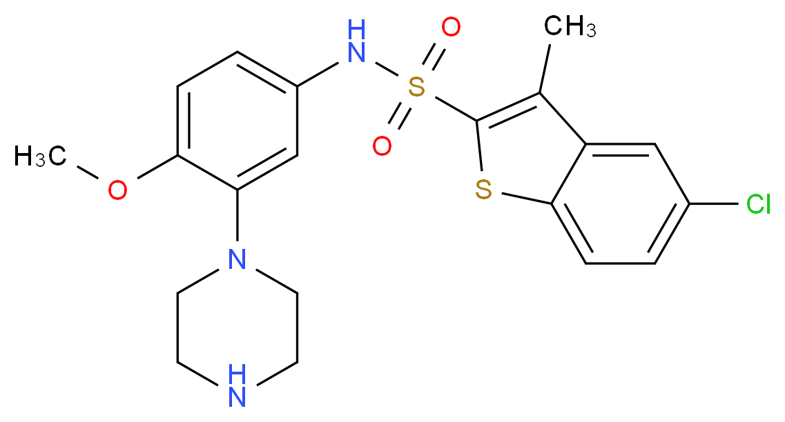 5-chloro-N-[4-methoxy-3-(piperazin-1-yl)phenyl]-3-methyl-1-benzothiophene-2-sulfonamide_分子结构_CAS_209481-20-9