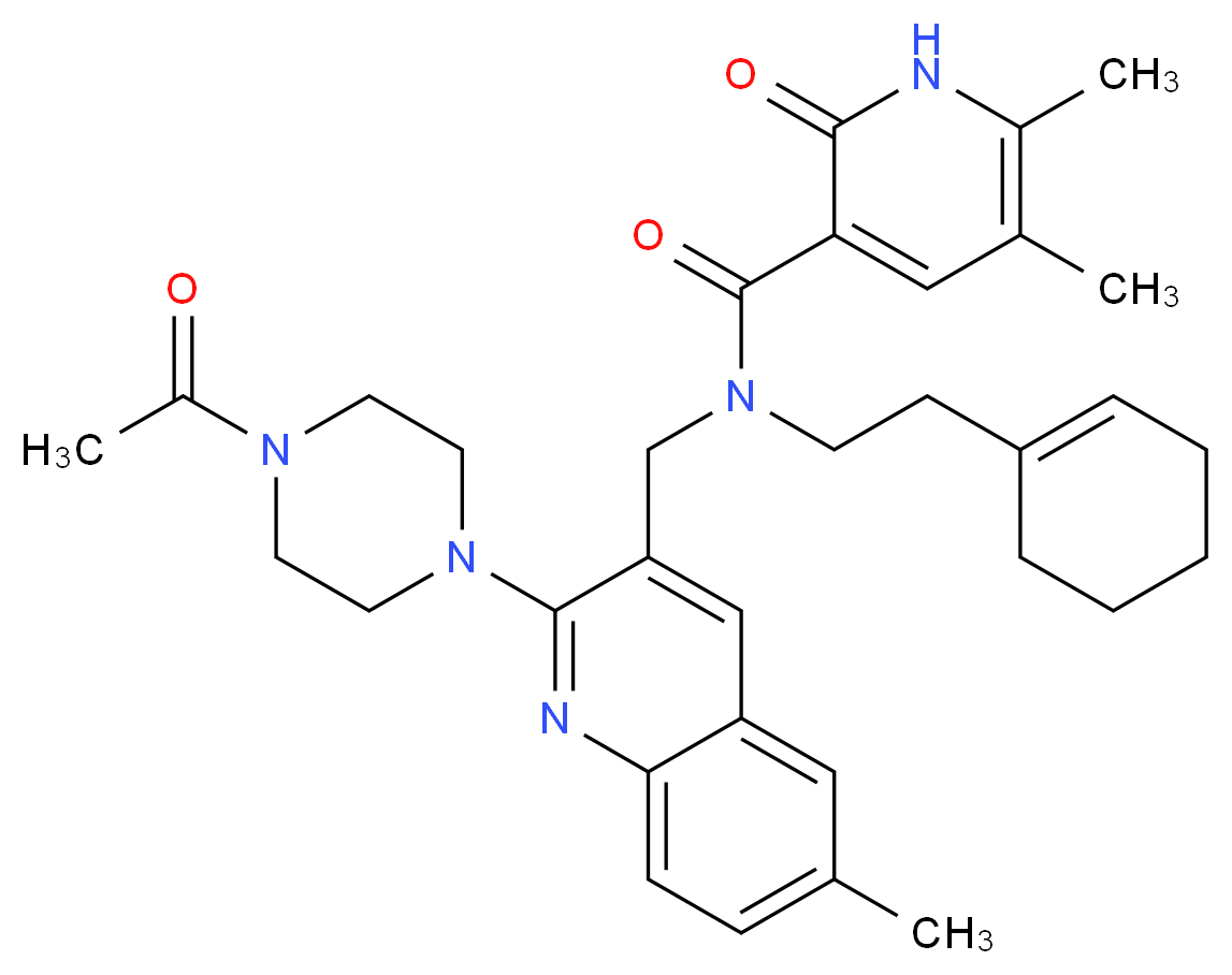 N-{[2-(4-acetyl-1-piperazinyl)-6-methyl-3-quinolinyl]methyl}-N-[2-(1-cyclohexen-1-yl)ethyl]-5,6-dimethyl-2-oxo-1,2-dihydro-3-pyridinecarboxamide_分子结构_CAS_)
